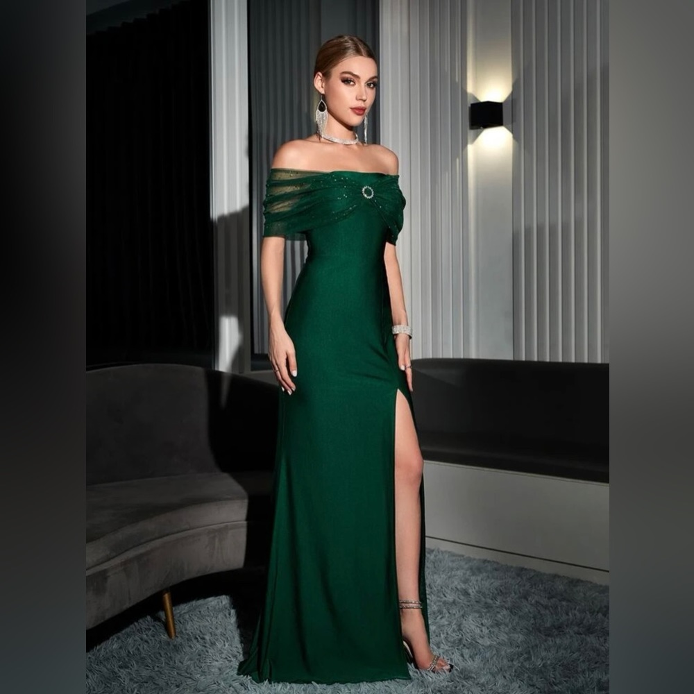 Off Shoulder Ruched Contrast Mesh Split Thigh Bri… - image 3